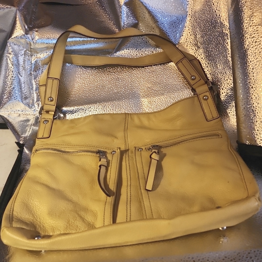TIGNANELLO yellow PEBBLED LEATHER handbag PURSE satchel ORGANIZER many pockets